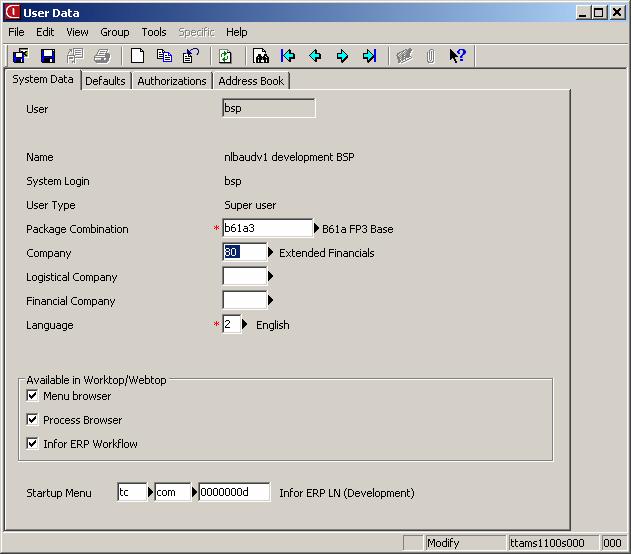 2-4 To configure Worktop 2.4 To change authorizations for Infor ERP LN 6.1 and up. Figure 2-4 User Data (ttams1100m000) System Data Tab Note: A setting in the Setup.