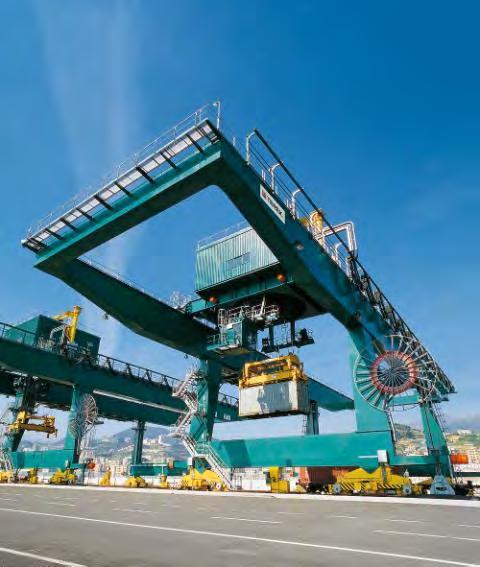 Rail-Mounted Gantry Cranes (RMG) Capacities Handling 20 to 45 containers Lift capacity (under spreader) up to 60 t, single/twinlift Dimensions Rail span up to 50 m Lifting height (under