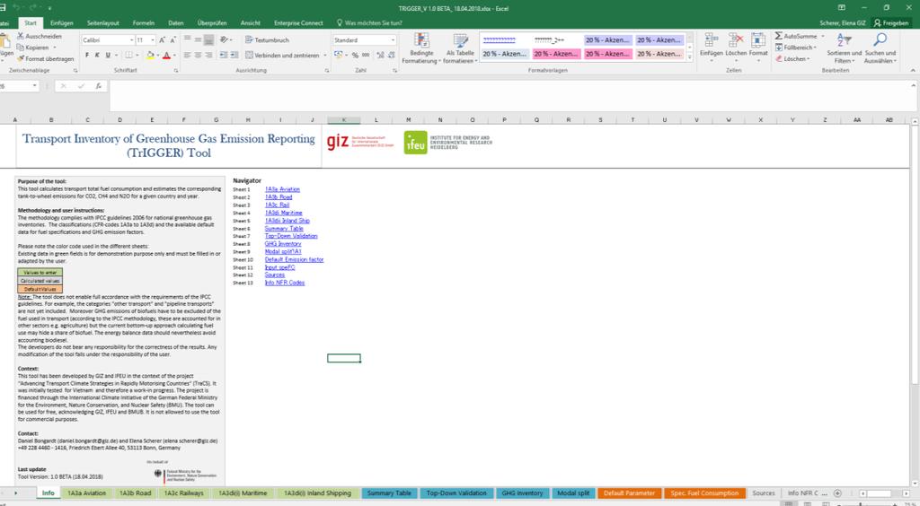 Figure 2: Screenshot of the info sheet The tools includes a color code for the cells, which visualizes if the value in the cell is a value to be entered each year (green), is a default value that has