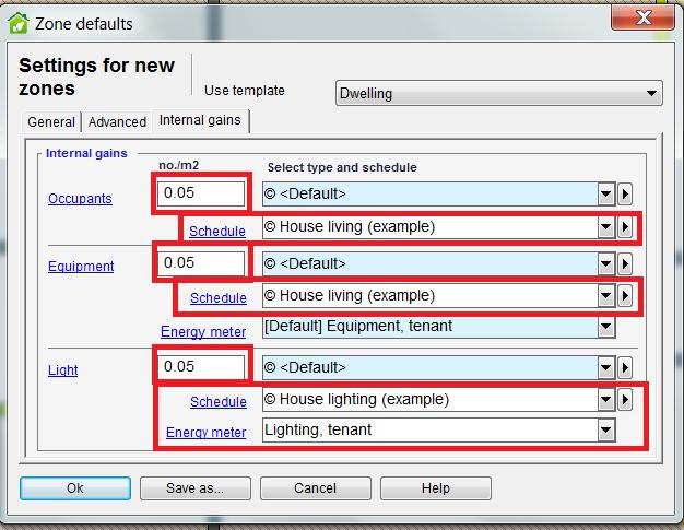 Finally go to the Internal gains and change the settings as in figure below. Click OK to finalize your new zone template.