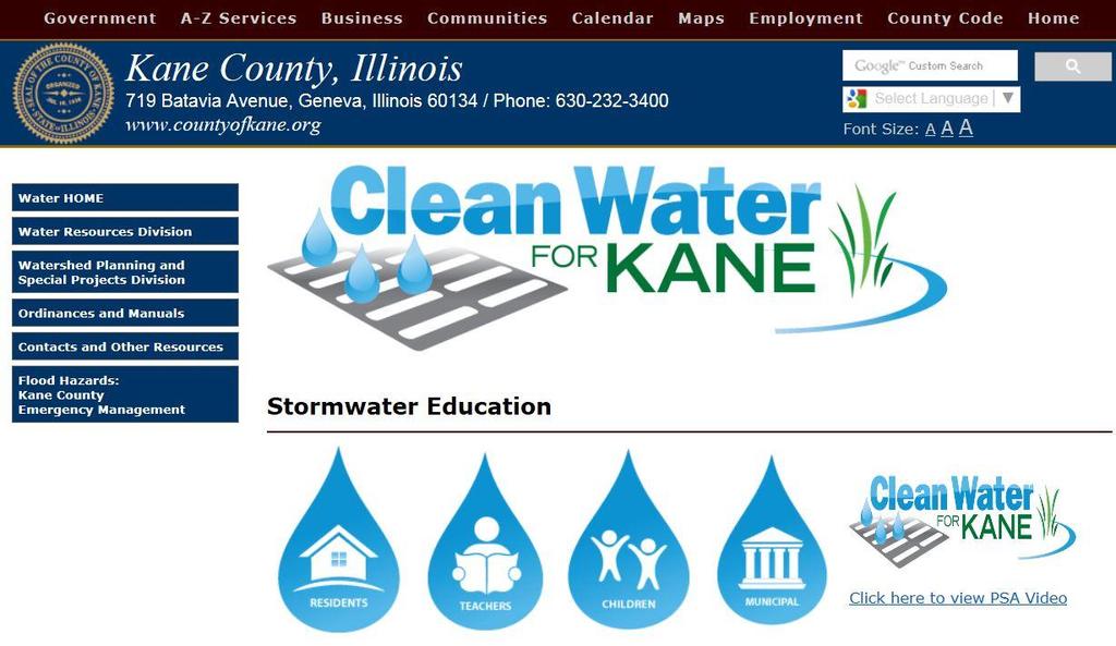 KCDEWR updates the "Clean Water for Kane" web pages on an annual basis. The number of stormwater-related articles in Kane County Connects, topics covered, and audience reach is tracked each year.