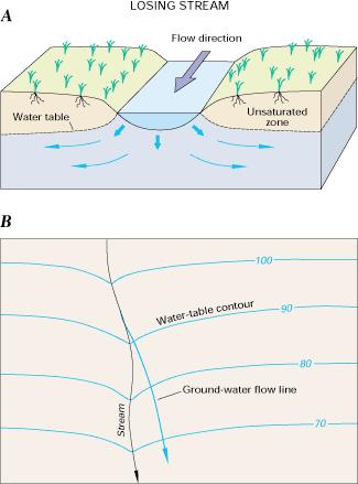 Interactions: Losing streams Losing streams streams that lose water to the groundwater system Contour plot of a losing stream can