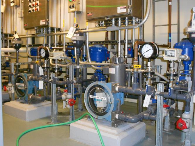 Water treatment plant in USA. At the water treatment plant in USA illustrated here, chemicals are dosed both by peristaltic pump and by pinch valves operated by CVA process control actuators.