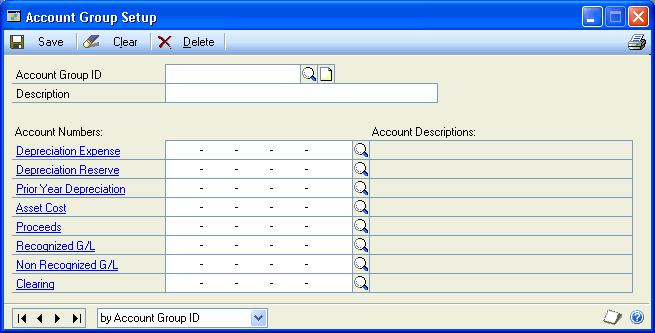 CHAPTER 3 OPTIONAL SETUP PROCEDURES To create an account group: 1. Open the Account Group Setup window. (Microsoft Dynamics GP menu >> Tools >> Setup >> Fixed Assets >> Account Group) 2.