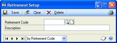 CHAPTER 3 OPTIONAL SETUP PROCEDURES Creating a retirement code Use the Retirement Setup window to define retirement codes that you can enter when disposing of assets.