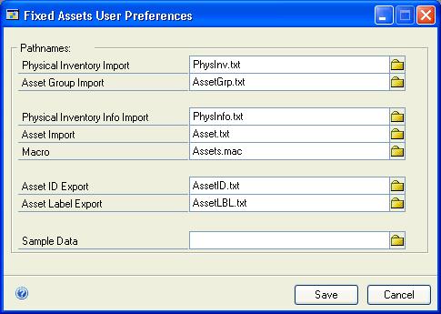 PART 1 FIXED ASSET MANAGEMENT SETUP Setting up user preferences You can use the Fixed Assets User Preferences window to display the path settings to specific import and export files used by Fixed