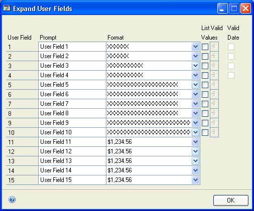 CHAPTER 3 OPTIONAL SETUP PROCEDURES Setting up user-defined field values You can create default values for user-defined fields one through ten in the Expand User Fields window.