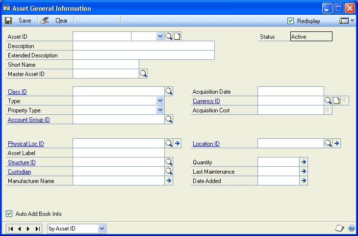 PART 2 CARDS AND INTEGRATION To create an asset record: 1. Open the Asset General Information window. (Cards >> Fixed Assets >> General) 2.