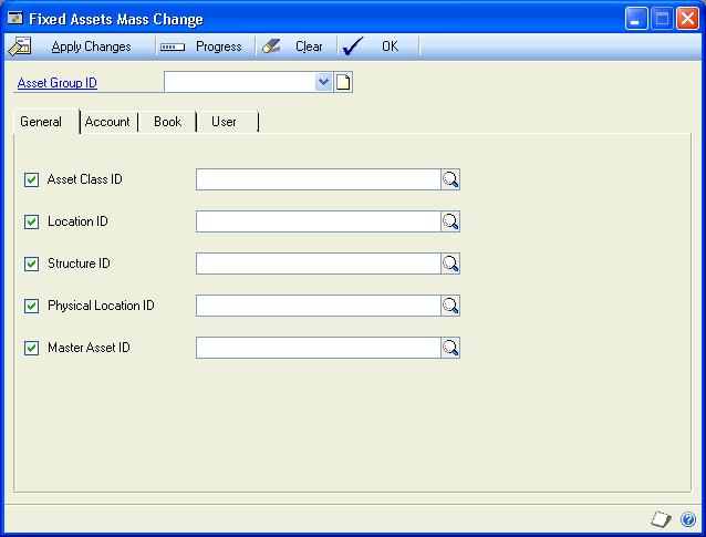 PART 3 ASSET RECORDS User You can change any information for user-defined fields. You also can select default values to be used. To change information for a group of assets: 1.
