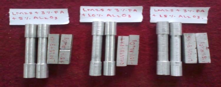 5 Tensile and impact test specimen with varying composition of Al2O3 The table 1 & 2 shows the respective chemical compositions of LM25& Flyash Table 1 Chemical composition (In %wt) of LM25 Aluminium