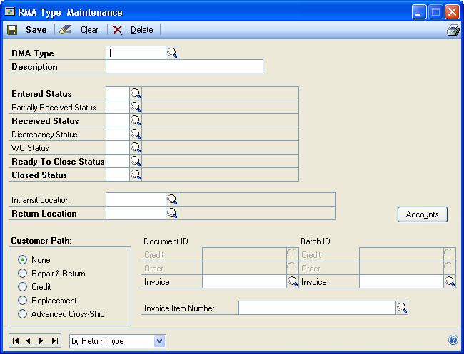 CHAPTER 2 SETUP IN RETURNS MANAGEMENT 1. Open the RMA Status Maintenance window. Cards > Returns Management > RMA Status 2. Enter an RMA Status ID and description. 3. Click Save.