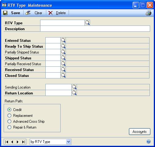 CHAPTER 2 SETUP IN RETURNS MANAGEMENT 1. Open the RTV Type Maintenance window. Cards > Returns Management > RTV Types 2. Enter an RTV type and description. 3.