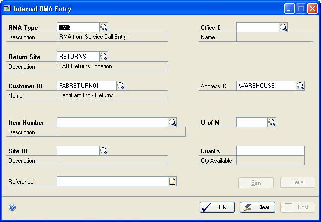 PART 2 TRANSACTION ACTIVITY 8. Click Save. Copy an RMA You can copy current RMA information to a new RMA. 1. Open the RMA Entry/Update window. Transactions > Returns Management > RMA Entry/Update 2.