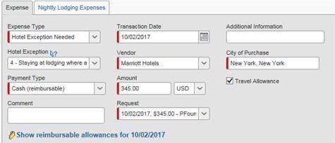 10. To add additional expenses, click + New Expense. Note: When adding a hotel exception, enter the total difference between the per diem amount and the hotel charge.