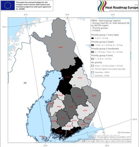 the South regions of the country. Excess Heat Atlas [HRE4, 213] * Calculated from the 82 biggest facilities in Finland, using Peta 4.