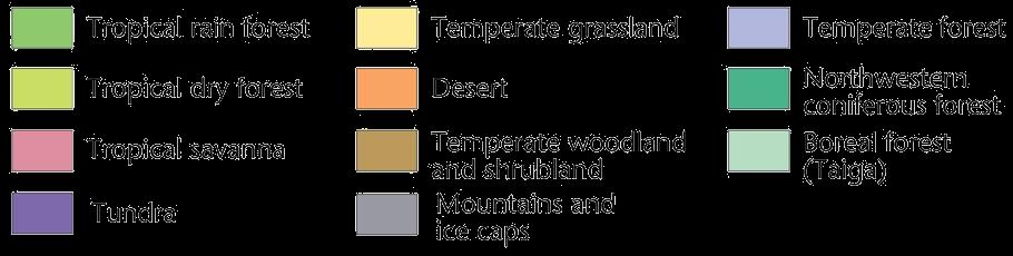 grassland Desert Temperate woodland and shrubland Mountains and ice