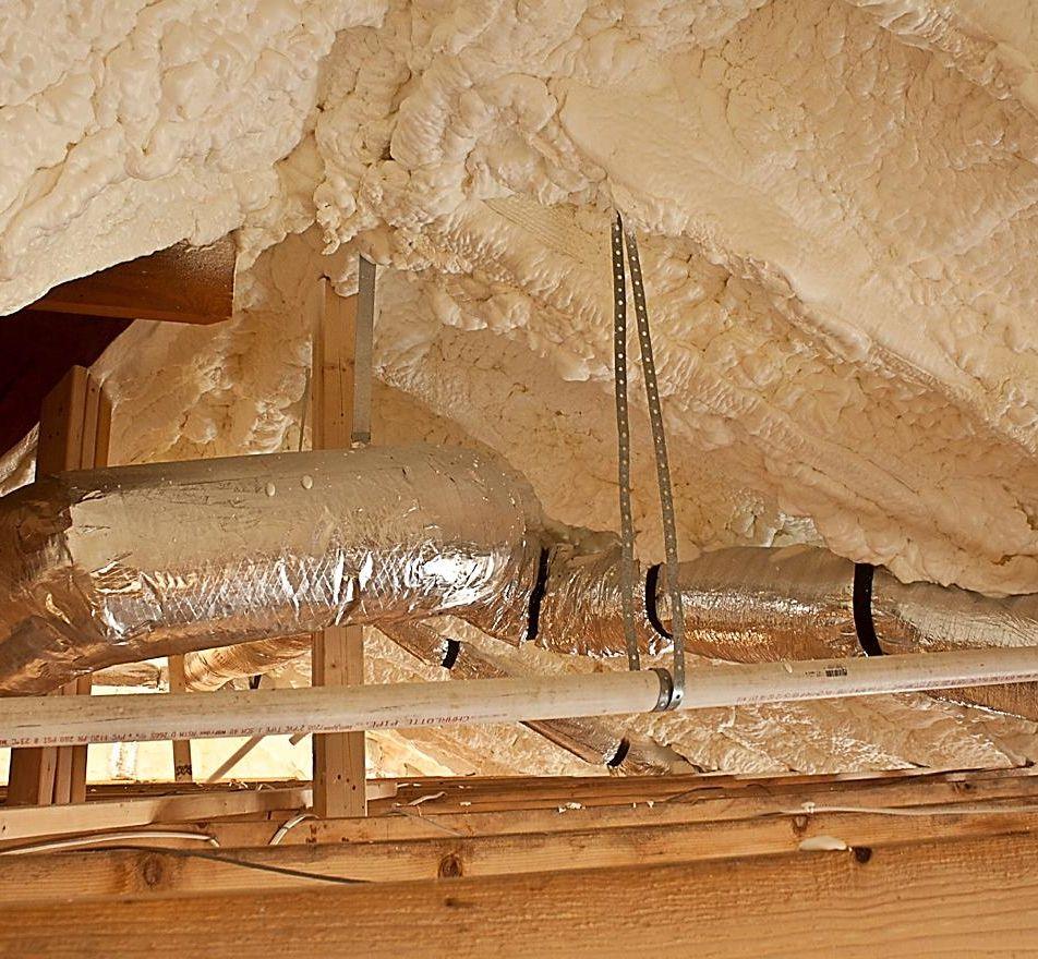 Unvented Attics in Type V Wood Frame Structures Low-density or mediumdensity spray foam applied to underside of roof deck Creates