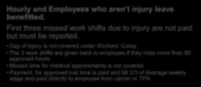 Includes full salary replacement under injury leave policy for 90 occurrences. Hourly and Employees who aren t injury leave benefitted.
