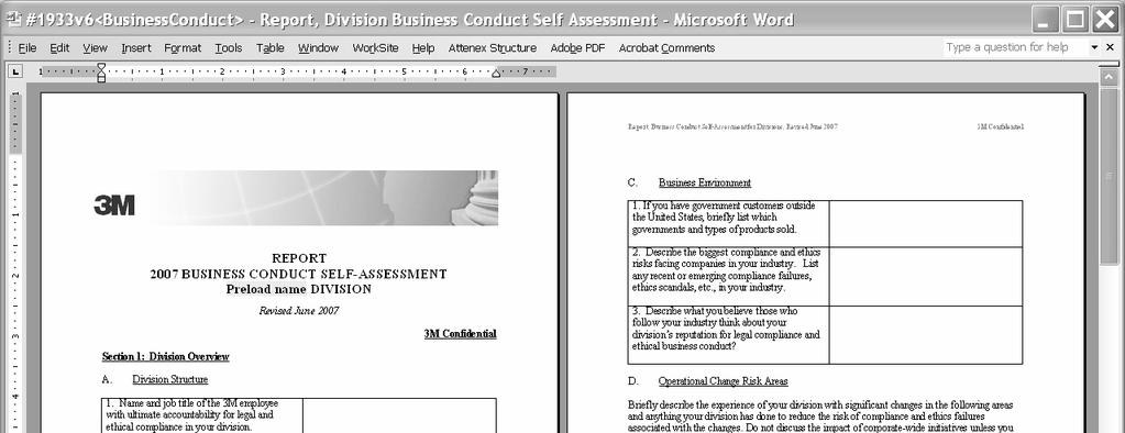 3 3 REPORT 2007 BUSINESS CONDUCT SELF-ASSESSMENT DIVISION Revised June 2007 BACKGROUND BUSINESS CONDUCT SELF-ASSESSMENT PROCESS Revised March 2007 Section 1: Division Overview 3M Confidential 3M