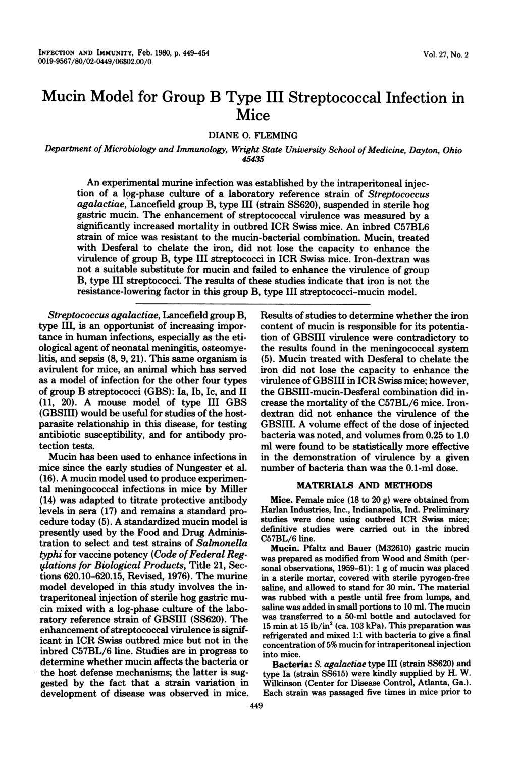 INFECTION AND IMMUNITY, Feb. 1980, p. 449-454 0019-9567/80/02-0449/06$02.00/0 Vol. 27, No. 2 Mucin Model for Group B Type III Streptococcal Infection in Mice DIANE 0.