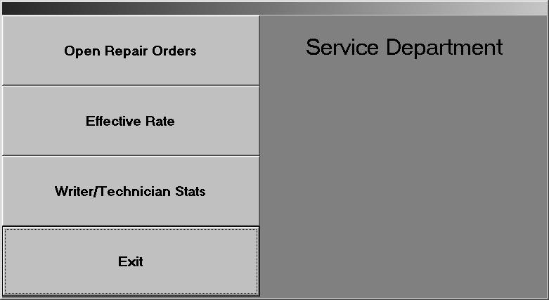 Service Chapter 10 Chapter 10 Service The Service button advances you to the Service Department menu. You use this menu to view a summary of the open repair orders.