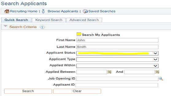 Step 3: Link Successful Applicant Search Applicant 42. If the successful applicant did not apply to the job opening online, navigate to the applicant screen to search applicant.