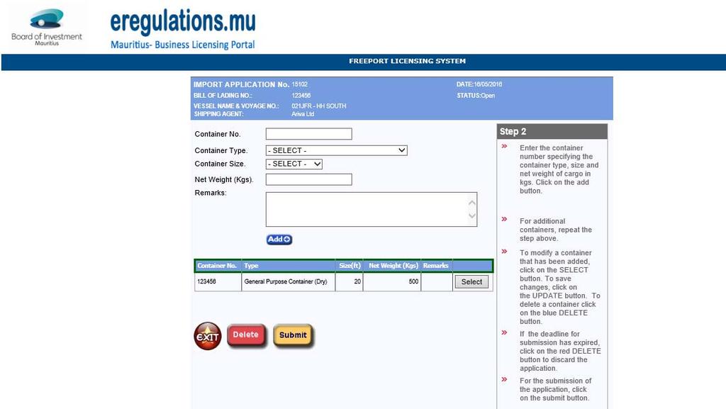 Step 7. Upon access the second screen, applicant should enter the container number specifying the container type, size and net weight of cargo in kgs, and Click on the (Add+) button.
