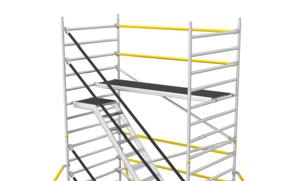Sitting on the platform, attach two horizontal braces (yellow) on the outside of the platform on the 2:nd and 4:th frame rung above the platform.