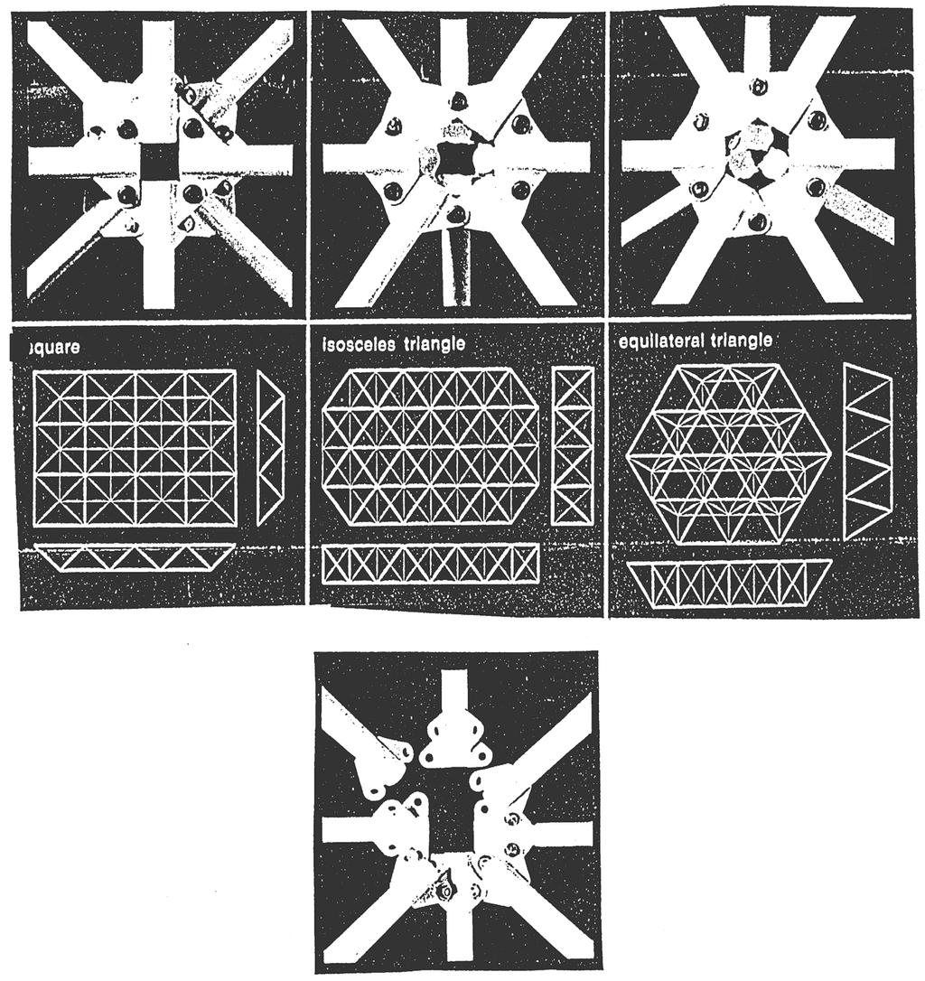 The diagrams illustrate three basic space frame geometries square, isosceles