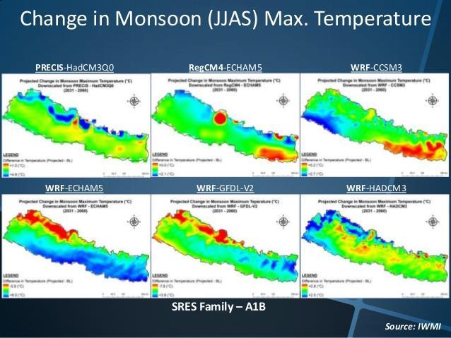 Climate Change Impacts in Nepal Global climate change expected to cause warmer, wetter conditions Considerable local variation across the country higher temperatures in western