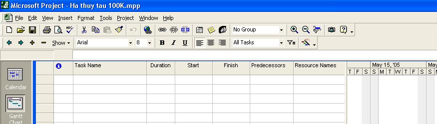 3. NHẬP DỮ LIỆU VÀO GANTT CHART Cửa sổ nhập dữ liệu Gantt chart: Hình 2.6: Trong đó: Cột Task Name: cho phép nhập danh sách các công tác. Cột Duration: nhập khoảng thời gian thực hiện công tác.