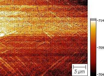 Titanium Alloy Ti-6Al-4V, AFAM Image khz 5 µm Heat treatment at 1050 C (1h): 100% β-phase; Quenching with water: 100% very fine needle-like tcp α -martensite structure,