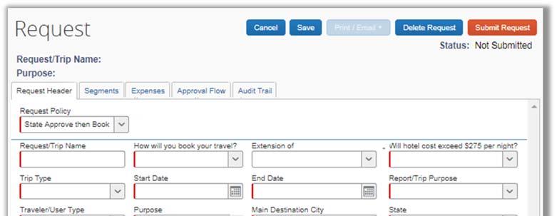 Completing the Request Header Step 1: Once you have created a new request, fill out the applicable fields for the