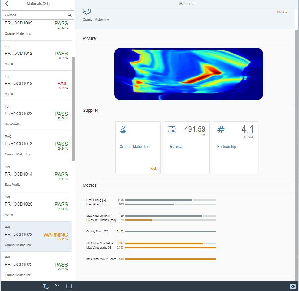 Frontend : Monitoring UI Track the products on the production line with the quality check results IR Image of the production line for optical validation Main contributing variables with their values
