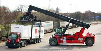 If second rail access is required, a longer wheelbase reachstacker is needed. With a combihandler spreader, trailers can be handled easily.