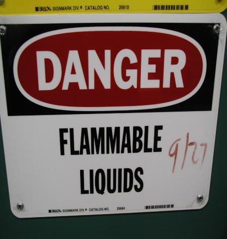 Storing Flammable Liquids and Materials All flammable or combustible liquids and materials (examples: acetone, gasoline, paint thinner) must be stored inside approved, metal, flammable storage