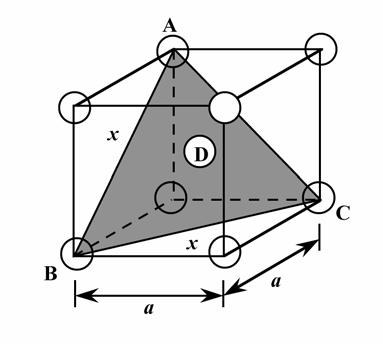 Below is a BCC unit cell, within which is shown a (111) plane. (a) The centers of the three corner atoms, denoted by A, B, and C lie on this plane.