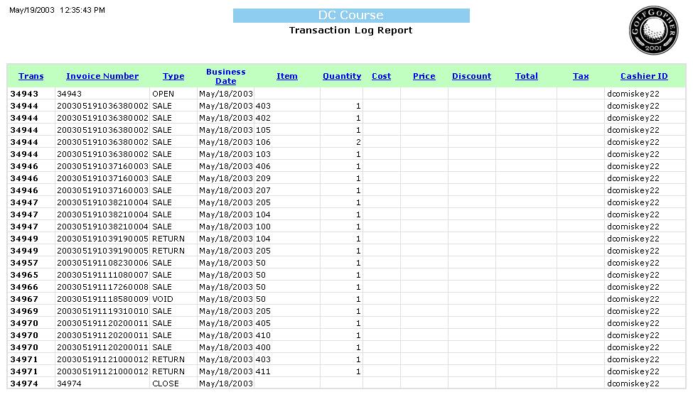 The Transaction Log Report displays a detailed listing of all transactions that took place over a selected date range.