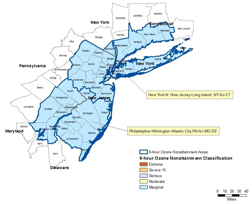 OZONE NONATTAINMENT AREAS IN NEW JERSEY The Clean Air Act requires that all areas of the country be evaluated for attainment or nonattainment for each of the NAAQS.