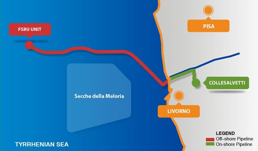 3. Energy & Gas in the Port of Livorno OLT OFFSHORE LNG LOCATION The Toscana offshore regasification plant comprises an LNG carrier that has been suitably modified and is permanently anchored about
