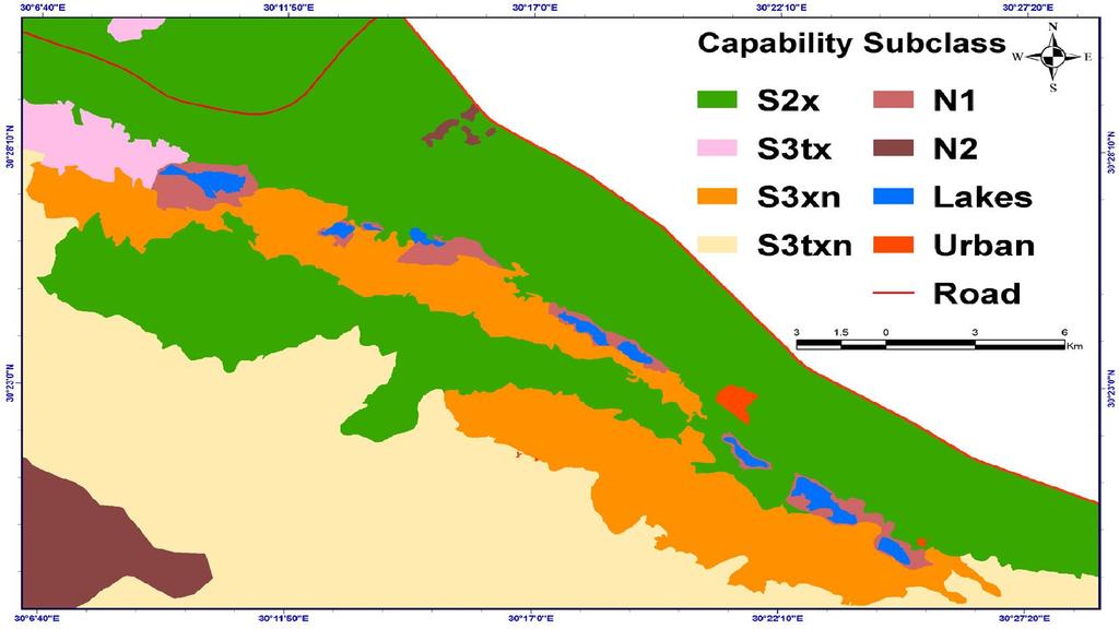 Fig. (4a) Current land capability map of the studied area. Fig. (4b) Potential land capability map of the studied area. Class N 1 : The soils have very severe limitations.