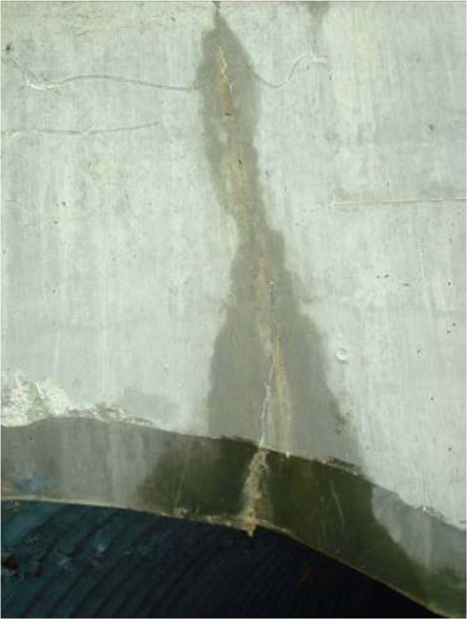 Panel Staining Discoloration of a wall face due to water moving through cracks.