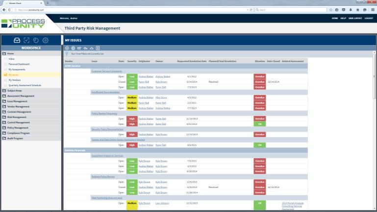 Issue Management Issue management provides a centralized repository for managing third-party related issues and their remediation plans. Issues can be described and categorized with a severity rating.