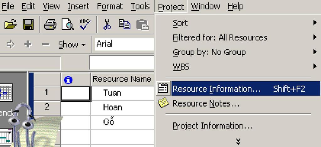 B2 Trong menu Project, chọn Resource Information, và chọn tab Working Time.