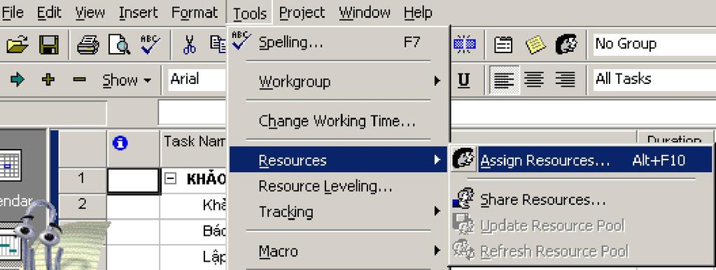 B6 Chọn OK. Chú ý: Nếu 1 nhóm tài nguyên có cùng thời gian làm việc và nghỉ giống nhau, bạn có thể tạo một lịch làm việc mới cho chúng. Trên menu Tools, chọn Change Working Time.