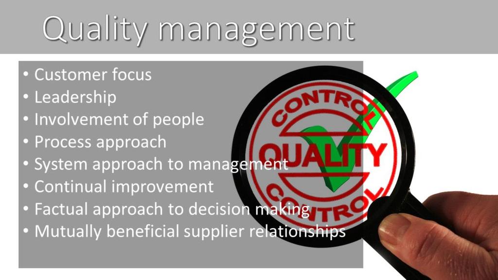 The ISO (International Standards Organization) 9000 family of quality management systems standards is based on eight quality management principles Customer focus Organizations depend on their