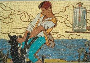 Mosaic from Louis Pasteurís' crypt representing the shepherd Jean- Baptiste Jupille (second person ever to be vaccinated against rabies) struggling against a rabid dog.
