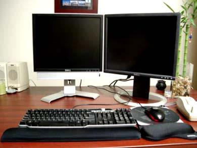 If one monitor is used as the primary monitor, position it directly in front of the user and place the secondary monitor to the right or the left at about a 30 degree angle to the primary monitor.