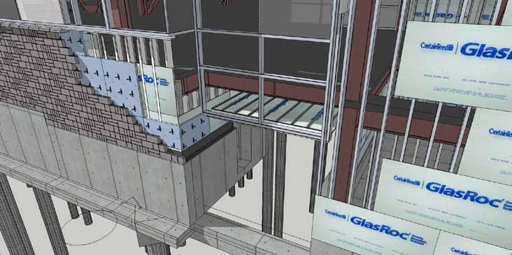 Virtual mock-up showing all layers of building enclosure including exterior framing, insulation, vapor barriers, brick and