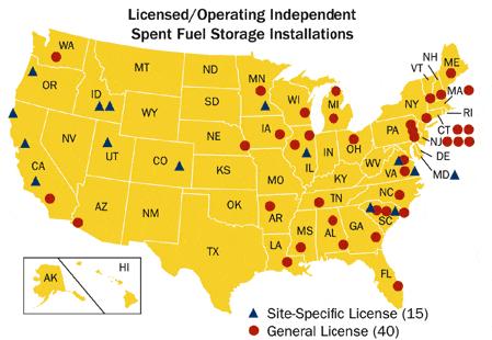 Dry Storage 55 Independent Spent Fuel Storage Installations (ISFSI) in 33 States All aspects of dry storage are regulated by the US NRC Two types of site licenses Site specific (15) General (40),